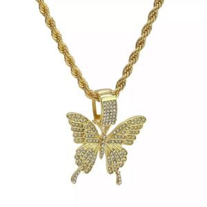 14K Gold Plated Butterfly Hip Hop Necklace 20” Rope Chain